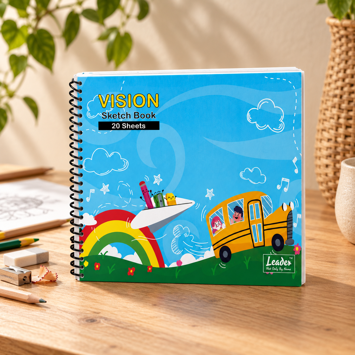 Leader VISION Kids Sketch Book – 150 GSM, 20 Sheets, 40 Pages | Fun Cartoon Designs